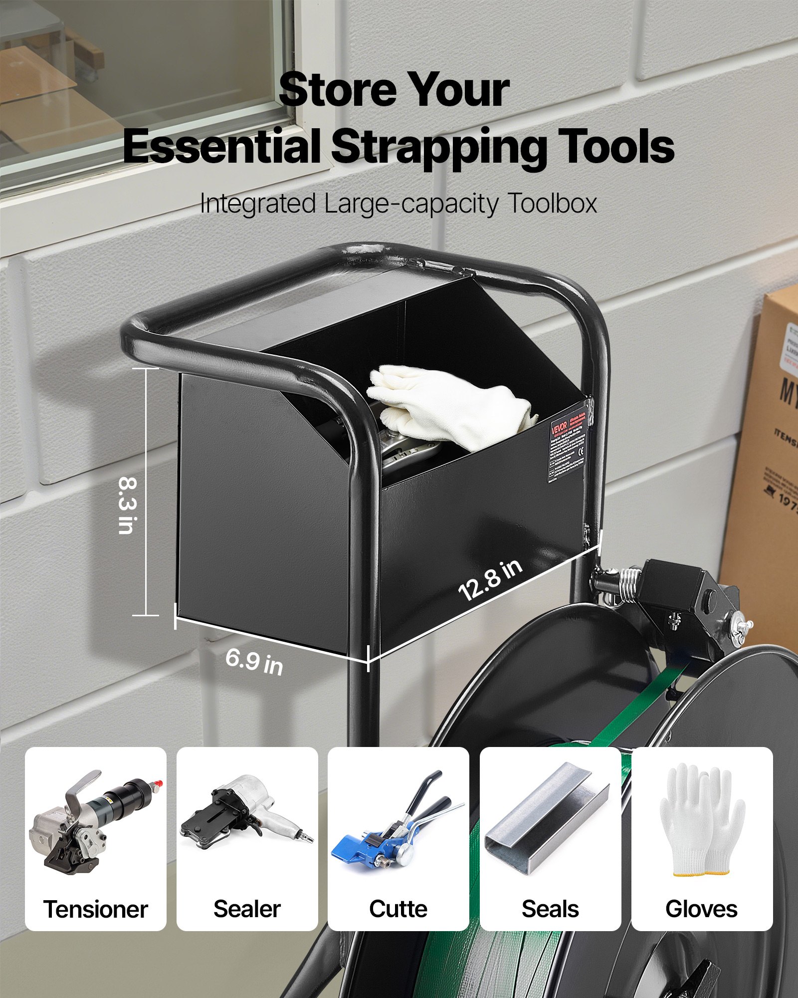 VEVOR Banding Strapping Cart, Fit for PET / PP / Steel Strapping Coils with 20.3/40.6 cm Core Size, Heavy Duty Strapping Dispenser Equipped with Upgrade Drum Brake, Built-in Spacious Tray for Tools