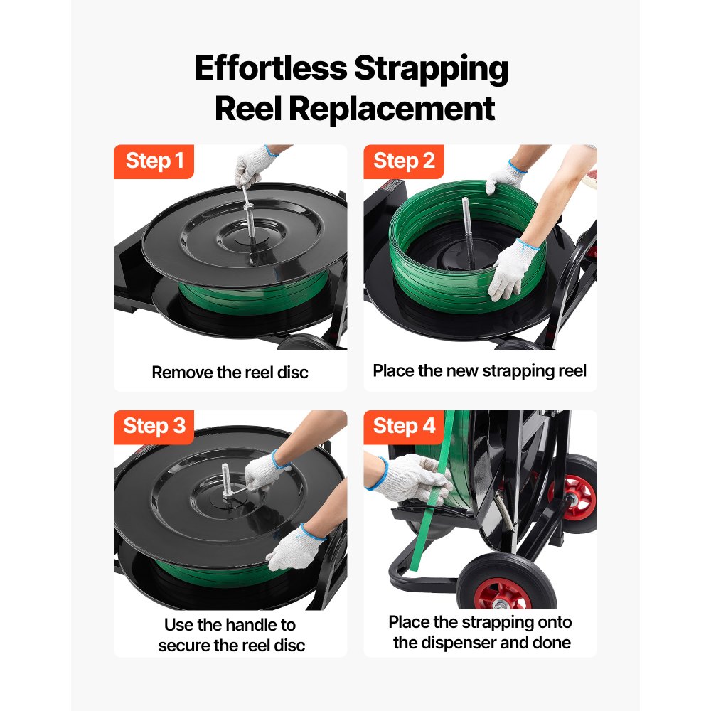 VEVOR Banding Strapping Cart, Fit for PET/PP/Polyester Strapping Coils with 20.3/40.6 cm Core Size, Heavy Duty Strapping Dispenser Equipped with Upgrade Brake System, Built-in Spacious Tray for Tools