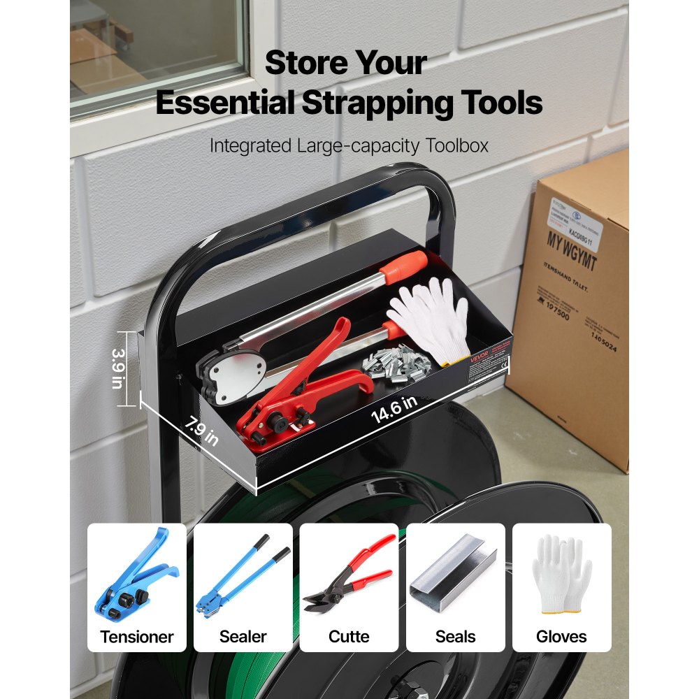 VEVOR Banding Strapping Cart, Fit for PET/PP/Polyester Strapping Coils with 20.3/40.6 cm Core Size, Heavy Duty Strapping Dispenser Equipped with Upgrade Brake System, Built-in Spacious Tray for Tools