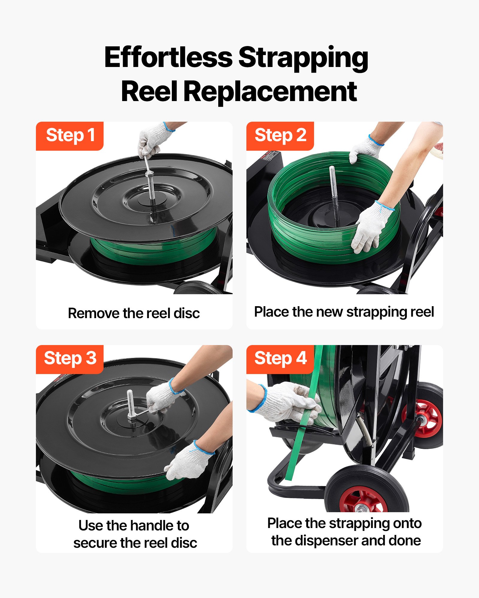 VEVOR Banding Strapping Cart, Fit for PET/PP/Polyester Strapping Coils with 20.3/40.6 cm Core Size, Heavy Duty Strapping Dispenser Equipped with Upgrade Brake System, Built-in Spacious Tray for Tools