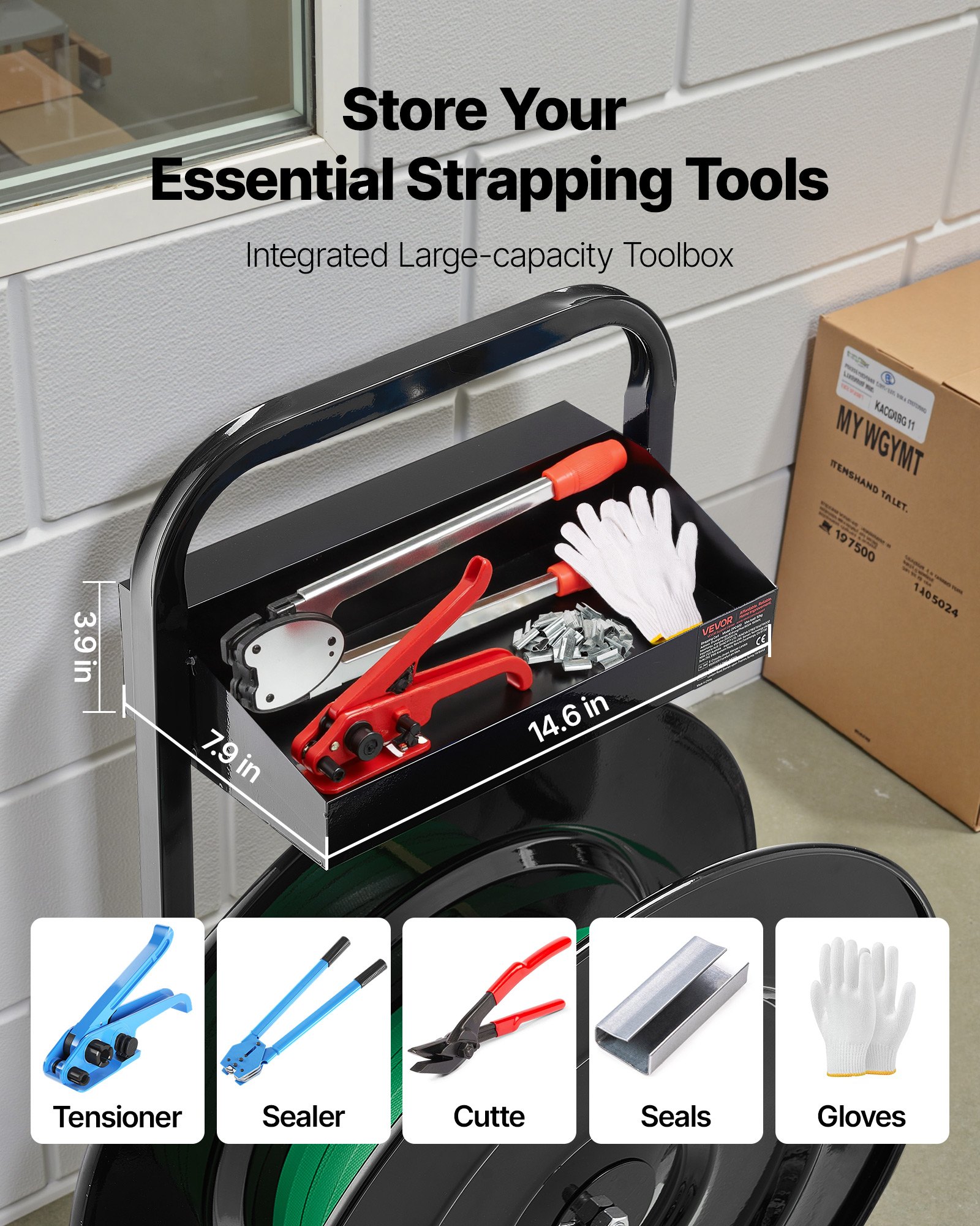 VEVOR Banding Strapping Cart, Fit for PET/PP/Polyester Strapping Coils with 20.3/40.6 cm Core Size, Heavy Duty Strapping Dispenser Equipped with Upgrade Brake System, Built-in Spacious Tray for Tools