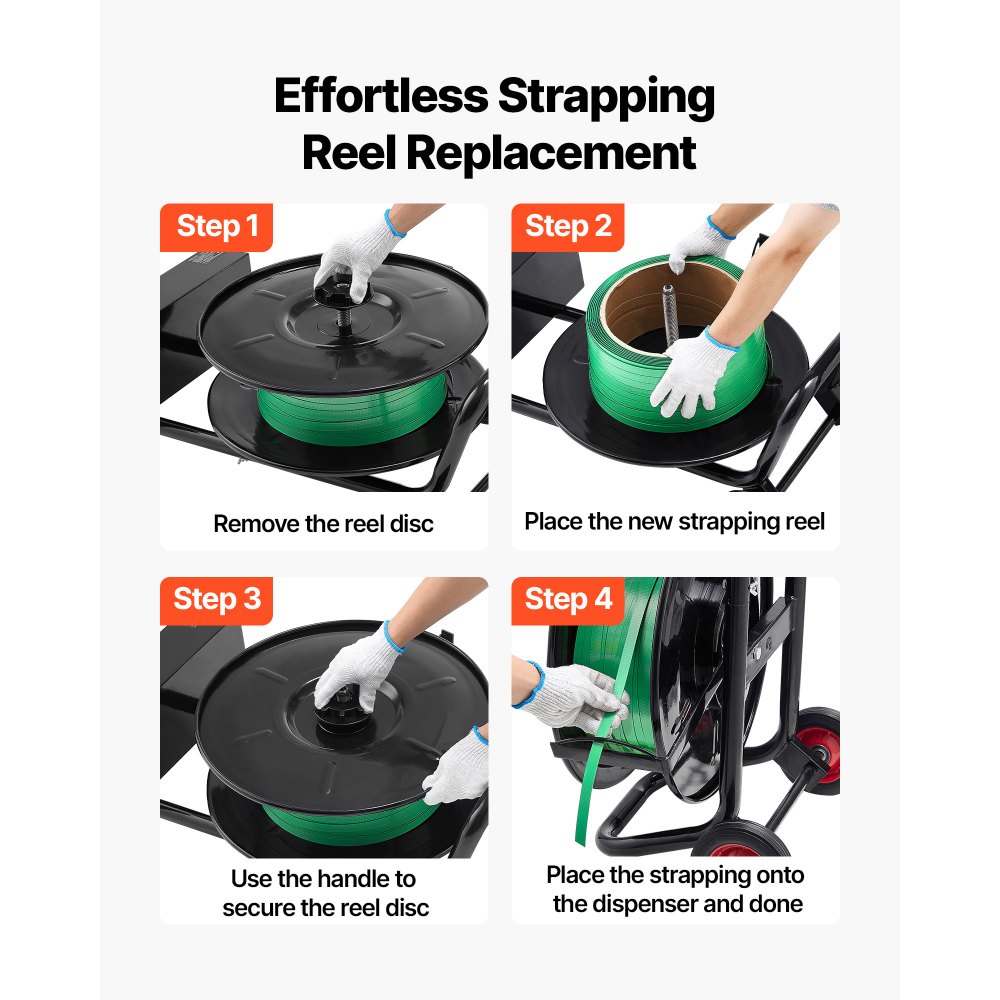 VEVOR Banding Strapping Cart, Fit for PET / PP / Polyester Strapping Coils with 20.3 cm Core Size, Heavy Duty Strapping Dispenser Equipped with Upgrade Brake System, Built-in Spacious Tray for Tools