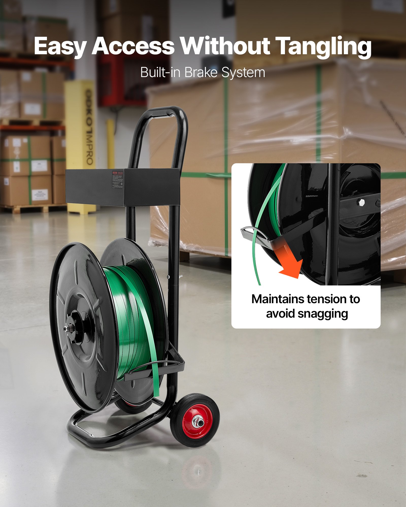 VEVOR Banding Strapping Cart, Fit for PET / PP / Polyester Strapping Coils with 20.3 cm Core Size, Heavy Duty Strapping Dispenser Equipped with Upgrade Brake System, Built-in Spacious Tray for Tools