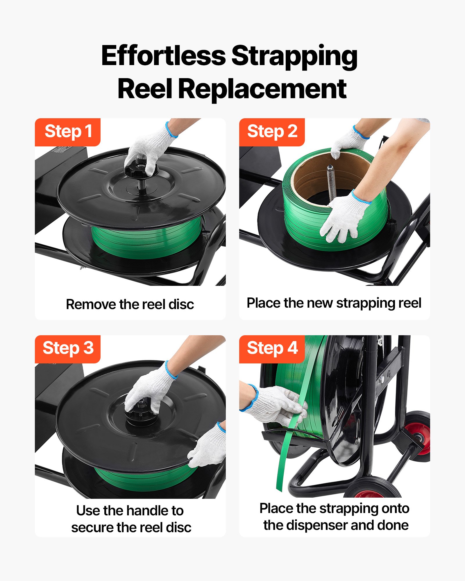 VEVOR Banding Strapping Cart, Fit for PET / PP / Polyester Strapping Coils with 20.3 cm Core Size, Heavy Duty Strapping Dispenser Equipped with Upgrade Brake System, Built-in Spacious Tray for Tools
