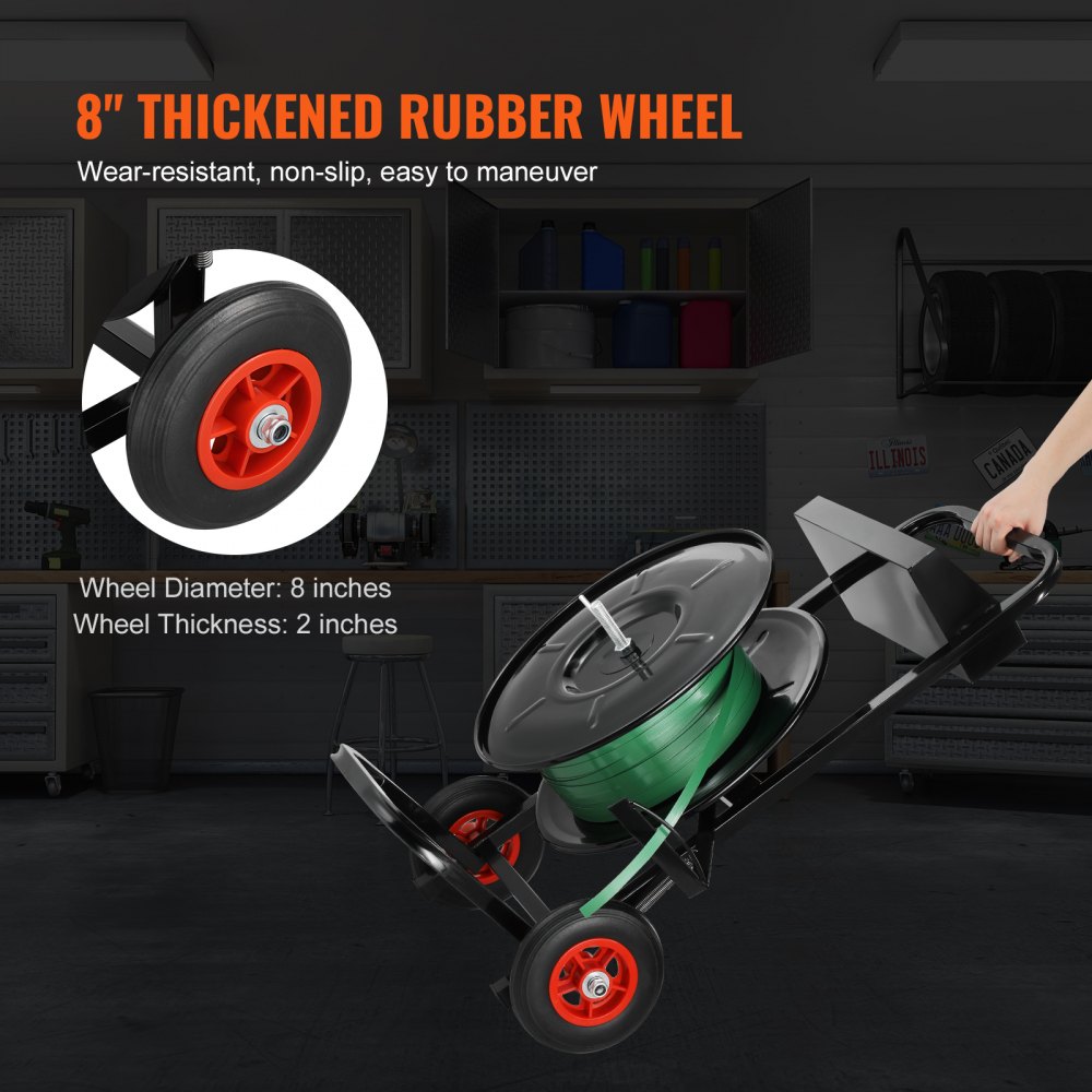 VEVOR Banding Strapping Cart, for PET/PP/Fiber Strapping Coils with 8" Core Size, Heavy Duty Strapping Dispenser, Equipped with Anti-Retreat Pulleys, Upgrade Brake System, Spacious Tray for Tools