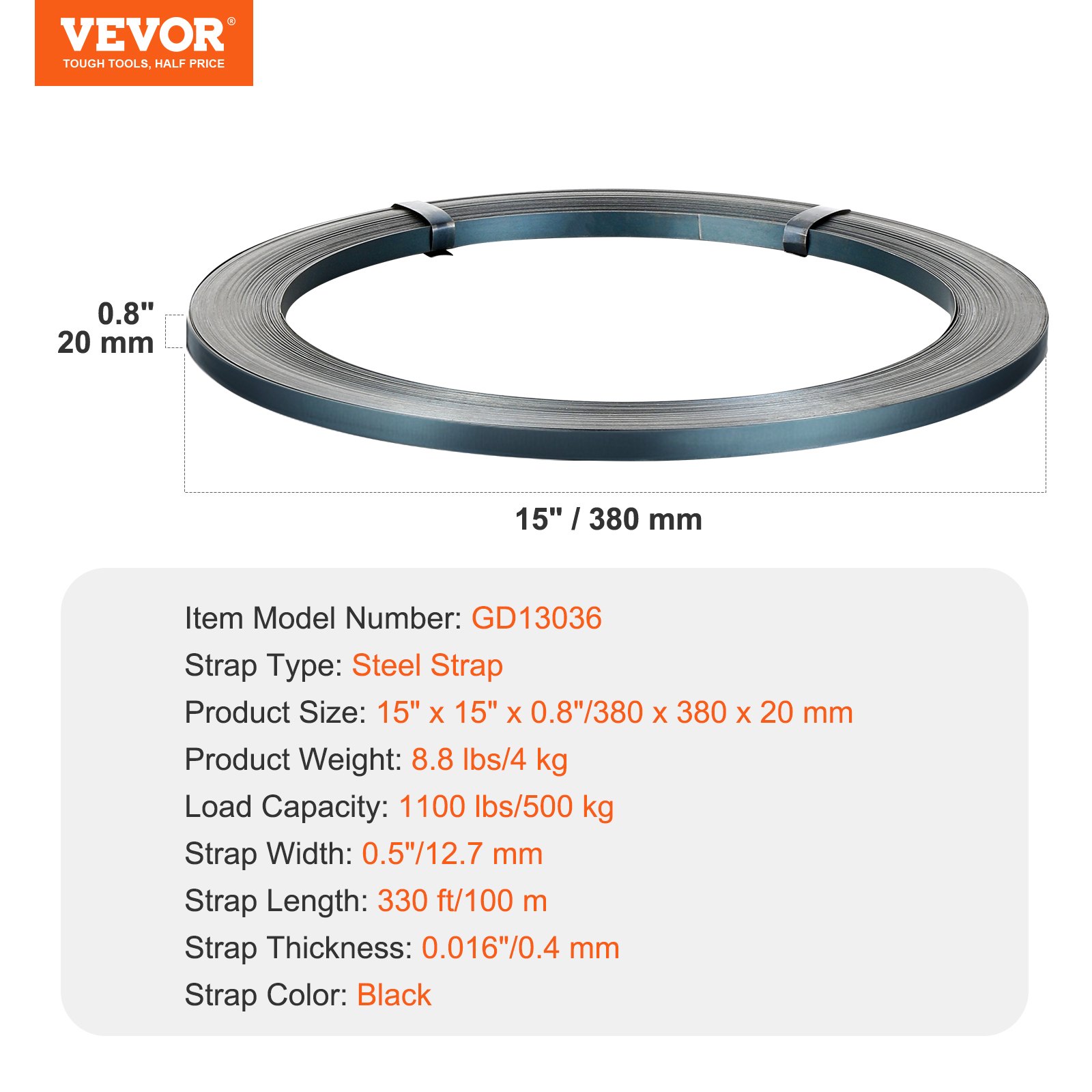 VEVOR Packaging Steel Strapping Roll, 330' Length x 1/2" Width x 0.016" Thickness, 1100 lbs Break Strength, Heavy Duty Banding Pallet Strap Coil, Portable Strong Banding Packing Metal Straps, Black