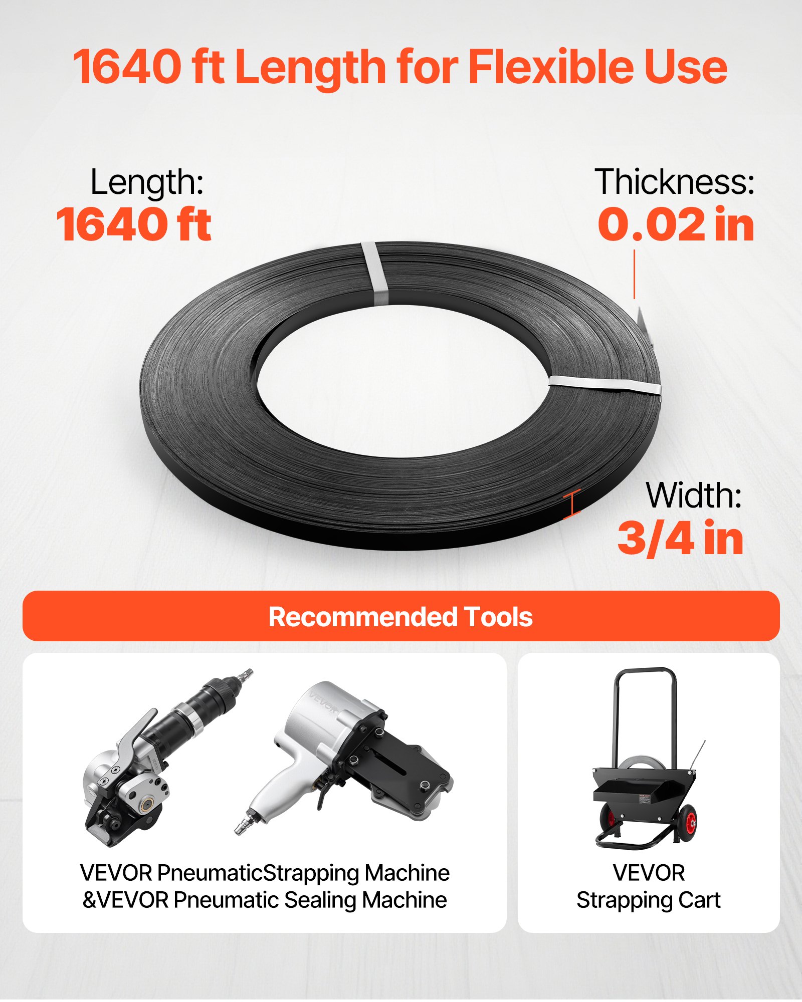 Ocelová páska VEVOR v cívce, 19 mm x 0,55 mm x 500 m, kovová páska v cívce odolává náročnému prostředí, pevnost v tahu 771 kg, odolná páska na palety v cívce pro balení palet