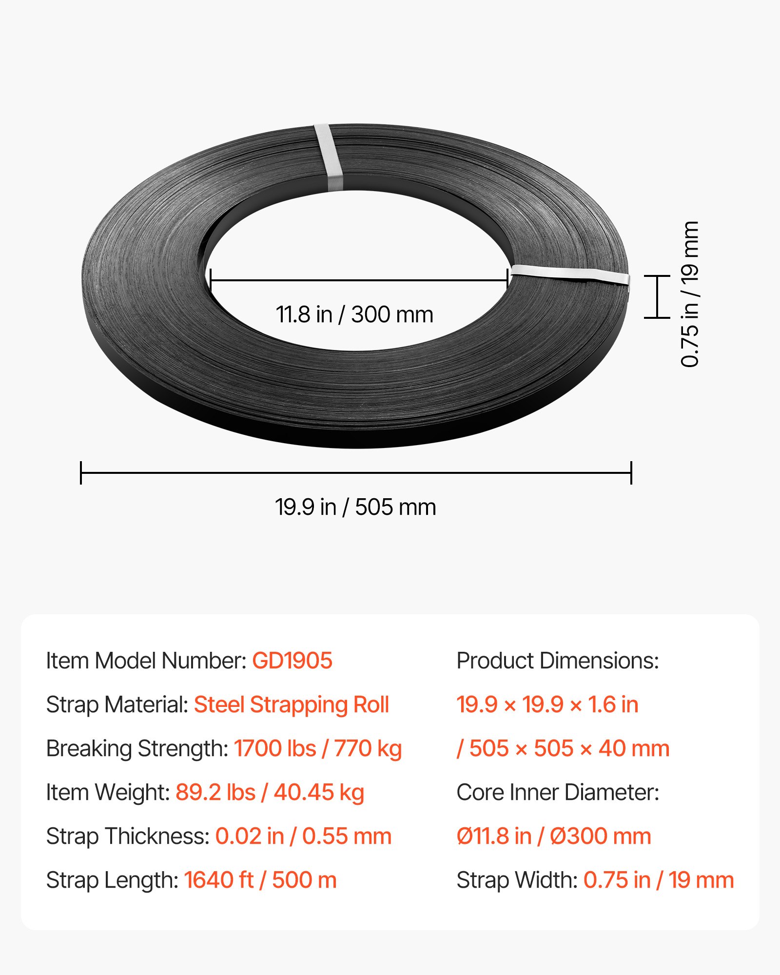 VEVOR Steel Strapping Coil, 19 mm x 0.55 mm x 500 m, Metal Strapping Banding Roll Withstands Harsh Environment, 771 kg Break Strength, Heavy Duty Banding Pallet Strap Coil for Pallet Packing