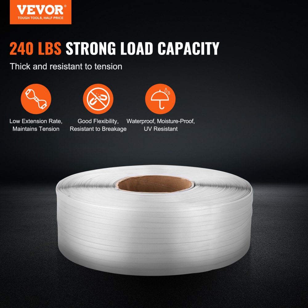 VEVOR Packaging Polypropylene (PP) Strapping Roll, 9900' Length x 1/2" Width x 0.03" Thickness, 243 lbs Break Strength, Heavy Duty Banding Pallet Strap Coil, Portable Strong Packing Straps, White