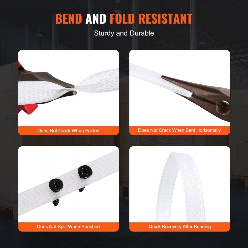 VEVOR Packaging Polypropylene (PP) Strapping Roll, 9900' Length x 1/2" Width x 0.03" Thickness, 243 lbs Break Strength, Heavy Duty Banding Pallet Strap Coil, Portable Strong Packing Straps, White
