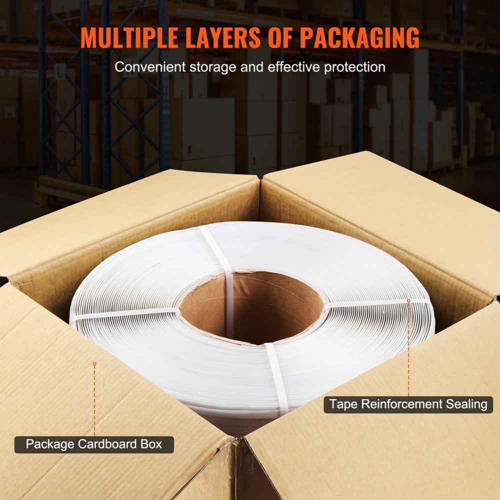 VEVOR Packaging Polypropylene (PP) Strapping Roll, 9900' Length x 1/2" Width x 0.03" Thickness, 243 lbs Break Strength, Heavy Duty Banding Pallet Strap Coil, Portable Strong Packing Straps, White