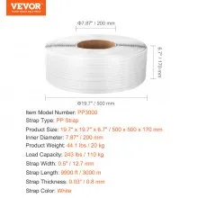 VEVOR Packaging PP Strapping Roll 1/2" x 0.03" x 9900' Banding Strap 243lbs Load