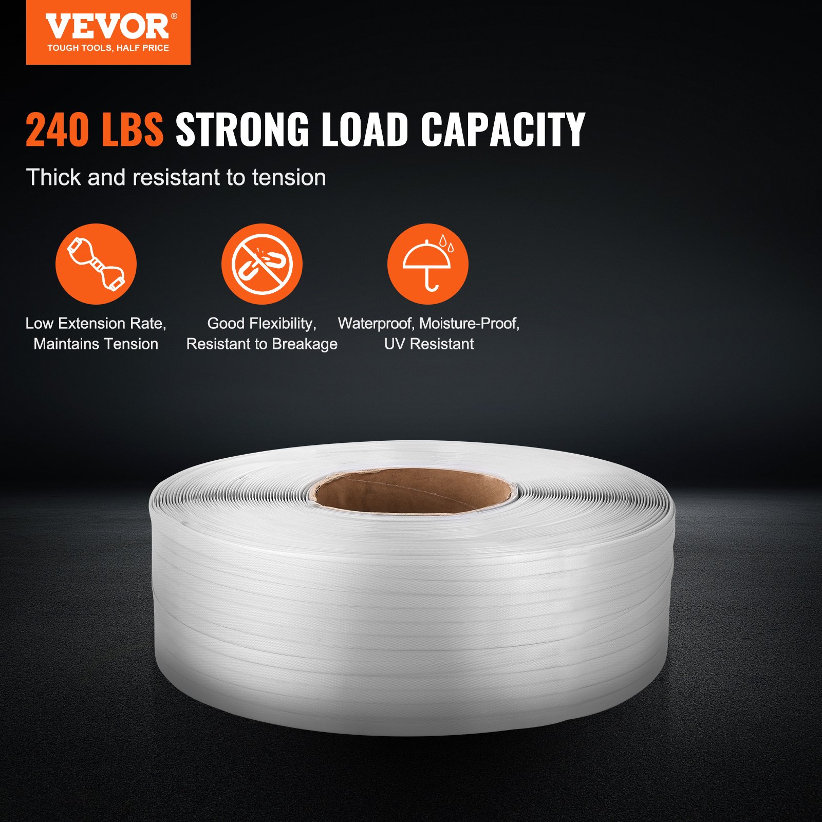 VEVOR Packaging Polypropylene (PP) Strapping Roll, 9900' Length x 1/2" Width x 0.03" Thickness, 243 lbs Break Strength, Heavy Duty Banding Pallet Strap Coil, Portable Strong Packing Straps, White