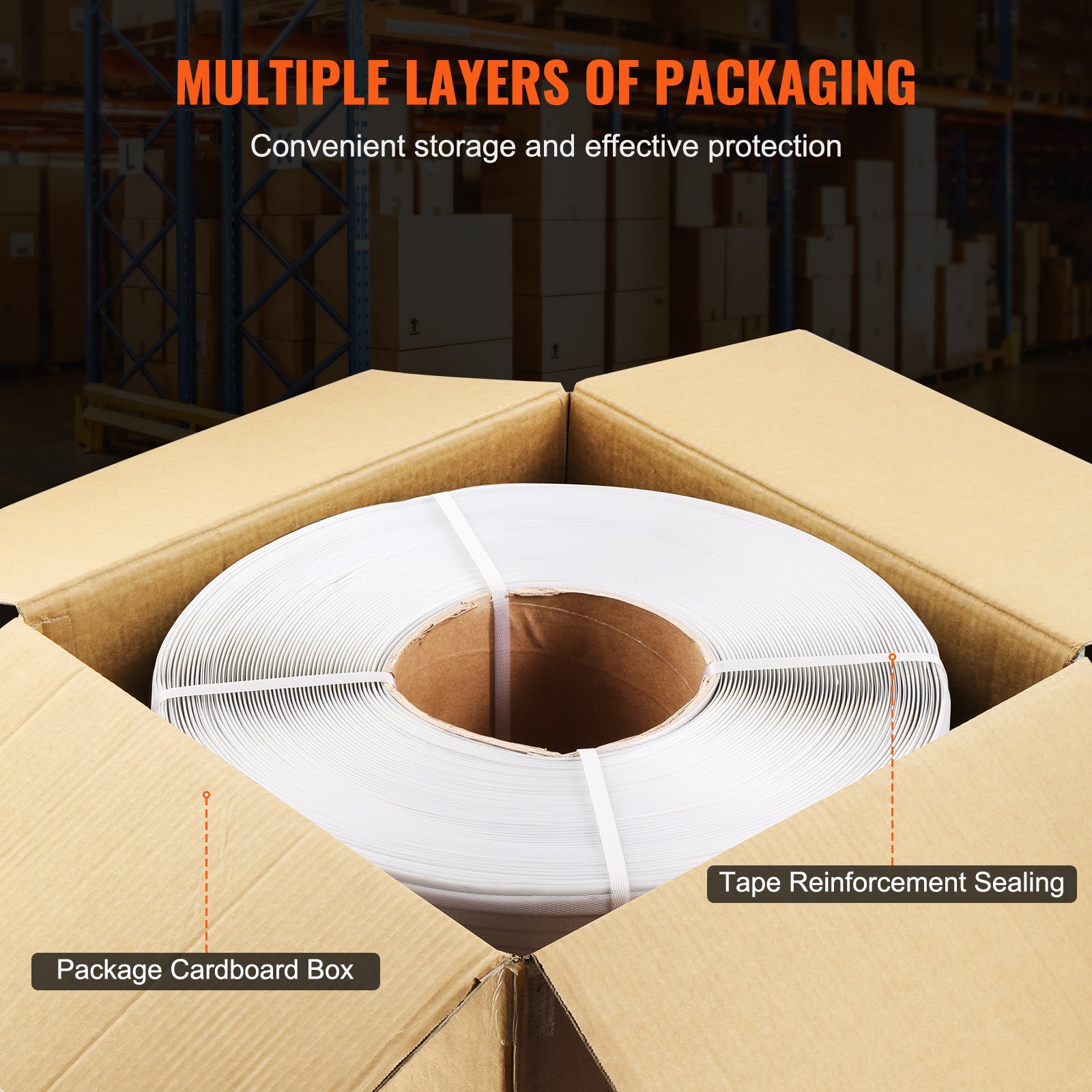 VEVOR Packaging Polypropylene (PP) Strapping Roll, 9900' Length x 1/2" Width x 0.03" Thickness, 243 lbs Break Strength, Heavy Duty Banding Pallet Strap Coil, Portable Strong Packing Straps, White