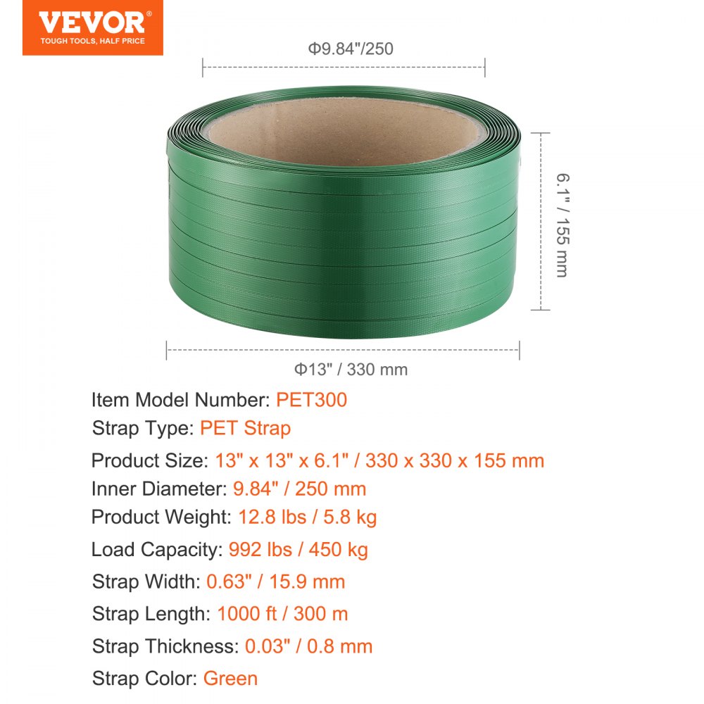 VEVOR Packaging Polyester PET Strapping Roll, 1000' Length x 0.63" Width x 0.03" Thickness, 992 lbs Break Strength, Heavy Duty Banding Pallet Strap Coil, Portable Strong Banding Packing Straps, Green