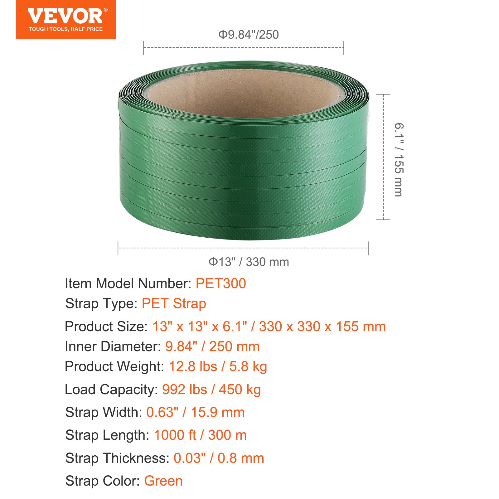 VEVOR Packaging Polyester PET Strapping Roll, 1000' Length x 0.63" Width x 0.03" Thickness, 992 lbs Break Strength, Heavy Duty Banding Pallet Strap Coil, Portable Strong Banding Packing Straps, Green