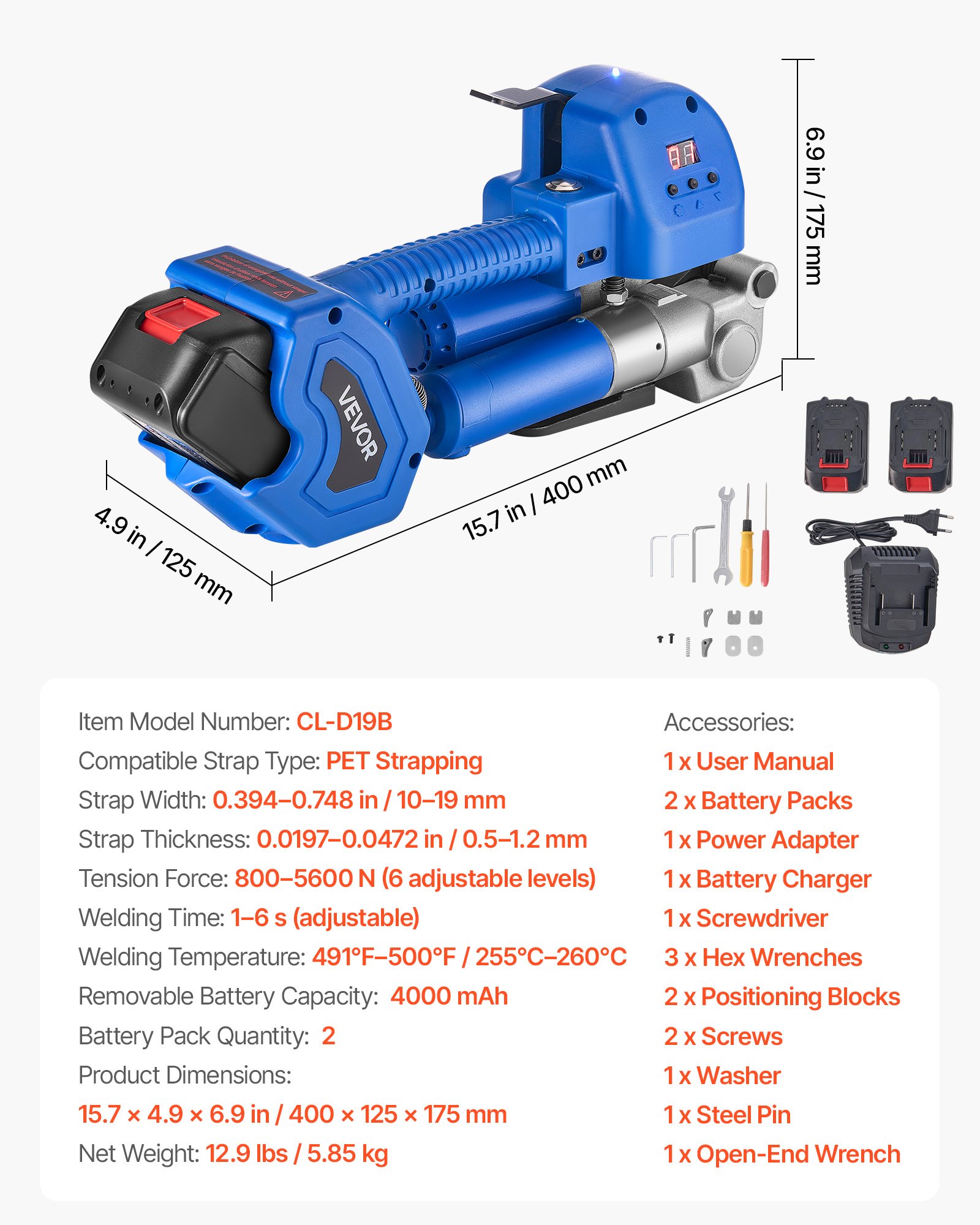 VEVOR Electric Strapping Machine, 2 x 4000mAh Batteries, Automatic Strapping Tool with Digital Display for 0.394-0.748 inches Wide PET Straps, Handheld Banding Tools for Packaging Box Pallet