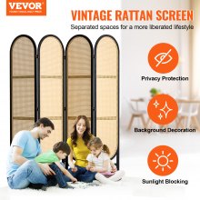 VEVOR 4 Panel Room Divider Hand-Woven Rattan Folding Privacy Screens Brown