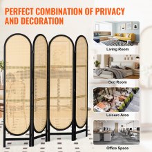 VEVOR 4 Panel Room Divider, Hand-Woven Rattan Folding Privacy Screens with Hinges, Portable Partition Room Dividers, Wooden Freestanding Wall Divider for Room Separation, Living Room, Bedroom, Brown