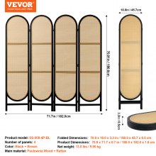 VEVOR 4 Panel Room Divider, Hand-Woven Rattan Folding Privacy Screens with Hinges, Portable Partition Room Dividers, Wooden Freestanding Wall Divider for Room Separation, Living Room, Bedroom, Brown