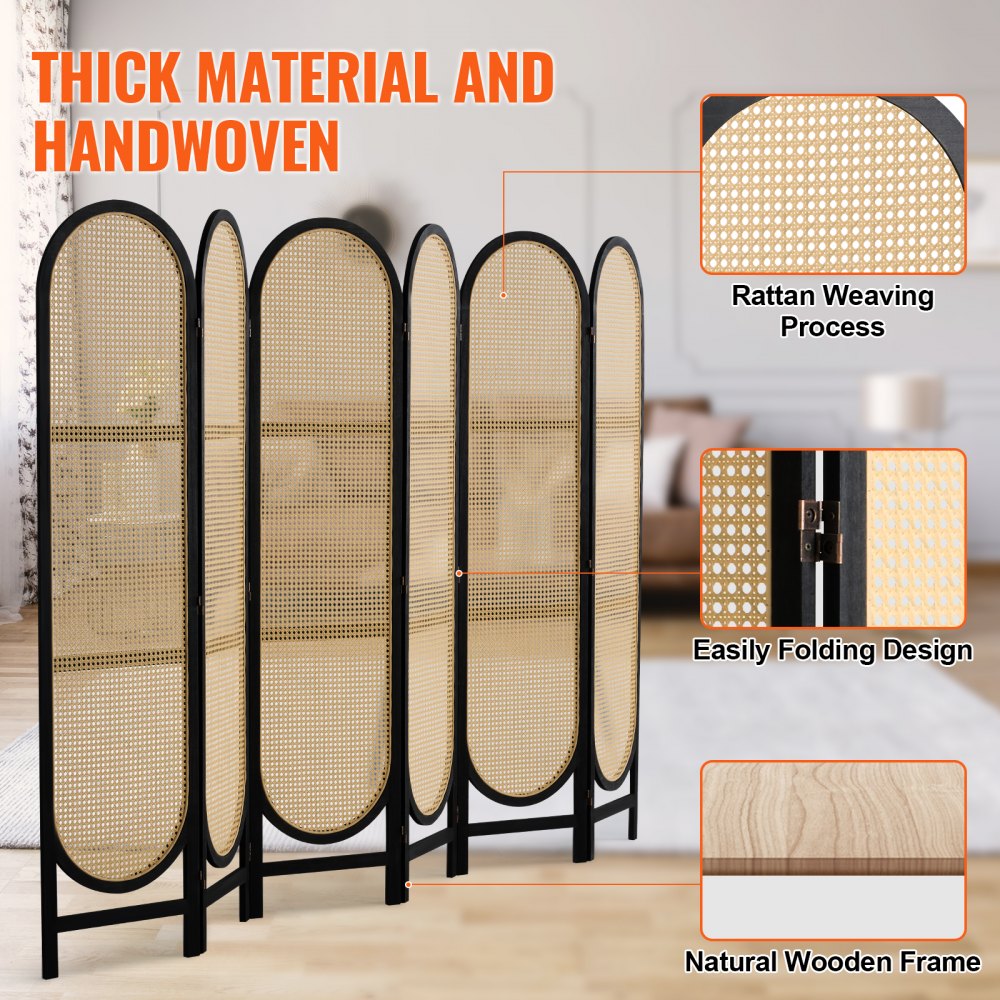 Biombo VEVOR de 6 paneles, biombo plegable de ratán tejido a mano con bisagras, separador portátil, separador de ambientes independiente de madera para sala de estar y dormitorio, color marrón