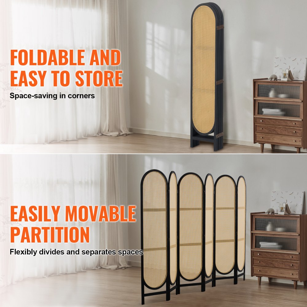 Biombo VEVOR de 6 paneles, biombo plegable de ratán tejido a mano con bisagras, separador portátil, separador de ambientes independiente de madera para sala de estar y dormitorio, color marrón
