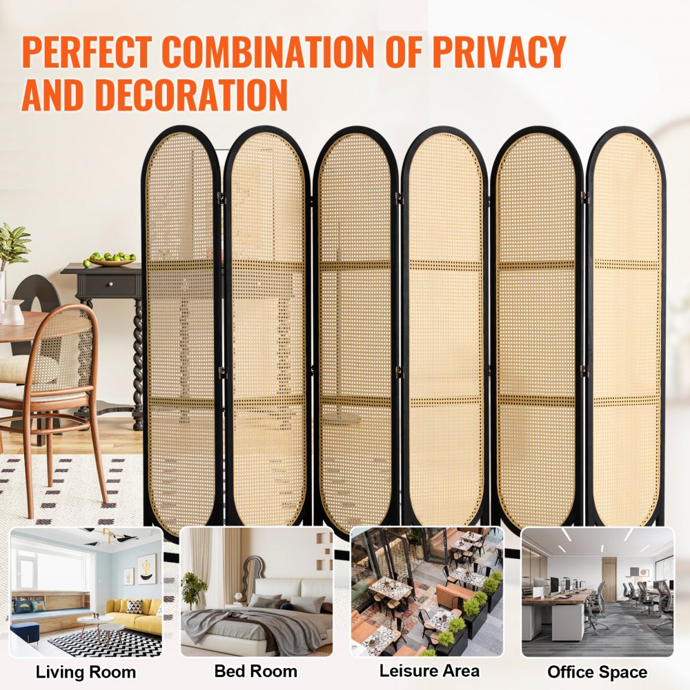 Biombo VEVOR de 6 paneles, biombo plegable de ratán tejido a mano con bisagras, separador portátil, separador de ambientes independiente de madera para sala de estar y dormitorio, color marrón
