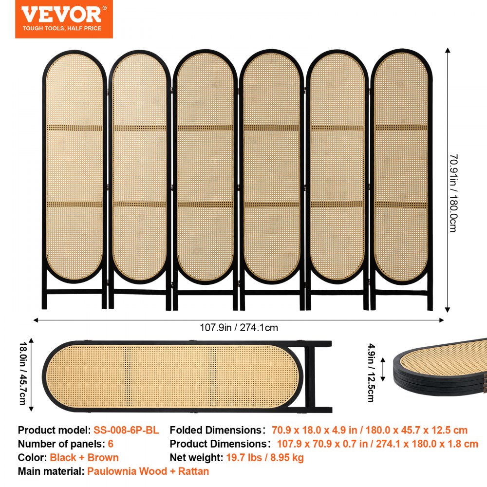 Biombo VEVOR de 6 paneles, biombo plegable de ratán tejido a mano con bisagras, separador portátil, separador de ambientes independiente de madera para sala de estar y dormitorio, color marrón