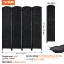 4 Panel Room Divider Hand-Woven Folding Privacy Screen with Hinges Black