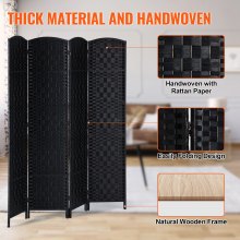 VEVOR 4 Panel Room Divider Hand-Woven Folding Privacy Screen with Hinges Black