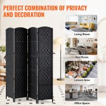 4 Panel Room Divider Hand-Woven Folding Privacy Screen with Hinges Black