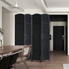 4 Panel Room Divider Hand-Woven Folding Privacy Screen with Hinges Black