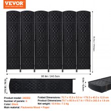 VEVOR 6 Panel Room Divider Hand-Woven Folding Privacy Screen with Hinges Black