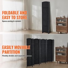 VEVOR 6 Panel Room Divider, Hand-Woven Folding Privacy Screens with Hinges, Portable and Freestanding Partition Room Dividers and Wall Divider for Room Separation, Black