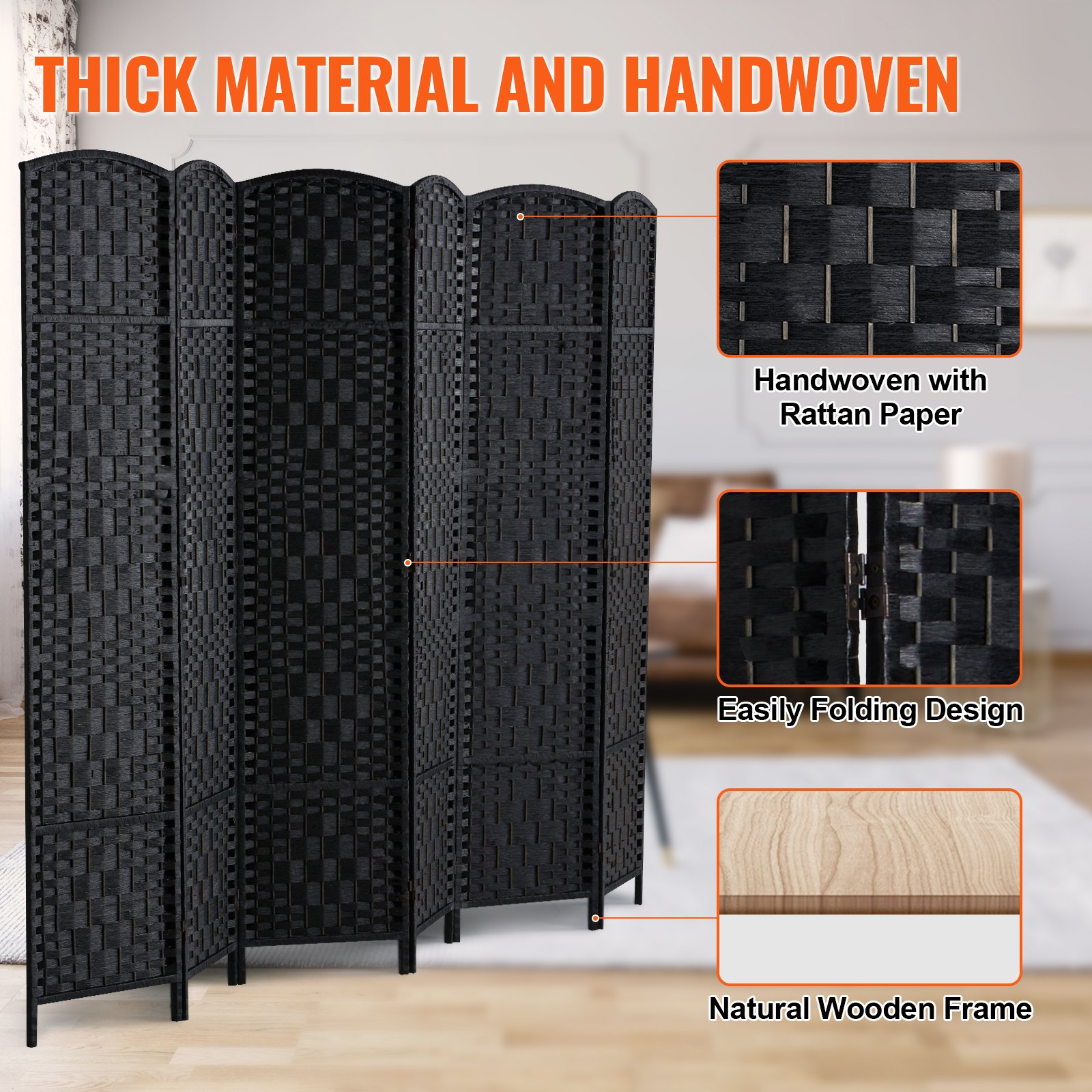VEVOR 6 Panel Room Divider, Hand-Woven Folding Privacy Screens with Hinges, Portable and Freestanding Partition Room Dividers and Wall Divider for Room Separation, Black