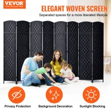 8 Panel Room Divider Hand-Woven Folding Privacy Screen with Hinges Black