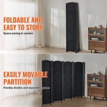 VEVOR 8 Panel Room Divider, Hand-Woven Folding Privacy Screens with Hinges, Portable and Freestanding Partition Room Dividers and Wall Divider for Room Separation, Black