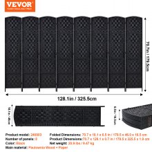 VEVOR 8 Panel Room Divider, Hand-Woven Folding Privacy Screens with Hinges, Portable and Freestanding Partition Room Dividers and Wall Divider for Room Separation, Black