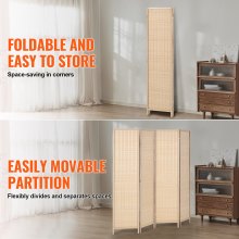 VEVOR 4 Panel Room Divider, Bamboo Hand-Woven Folding Privacy Screens with Hinges, Portable Partition Room Dividers & Freestanding Wall Divider for Room Separation, Living Room, Bedroom, Natural