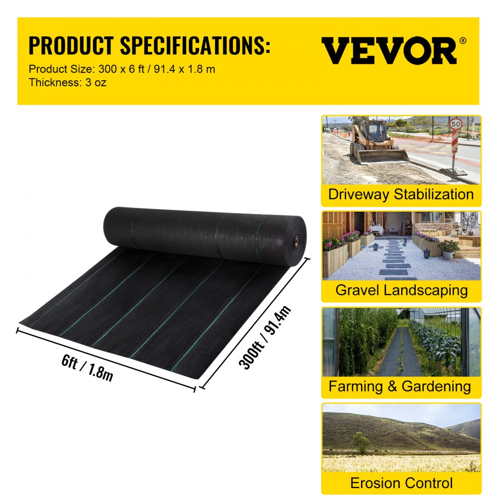 VEVOR Geotextile Fabric Woven Driveway Fabric 6' x 300' Landscaping Fabric 3oz