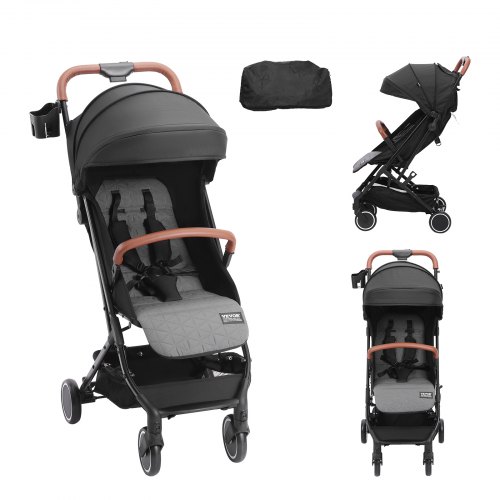 VEVOR Standard Baby Infant Stroller, Toddler Stroller with 95°-175° Adjustable Backrest & & 0/90°Adjustable Footrest & One-click Folding, Newborn Stroller with Cup Holder and Carry Bag, Black