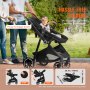 VEVOR szabványos babakocsi, kisbaba babakocsi táskával, 3. fokozatban állítható háttámla és lehajtható és megfordítható ülés, szénacél újszülött babakocsi lábvédővel és hálóhálóval, fekete