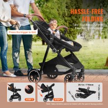 VEVOR standardbarnvagn, barnvagn för småbarn med bassäng, 3:e växel justerbart ryggstöd & hopfällbart och vändbart säte, nyfödd vagn i kolstål med benskydd och meshnät, svart