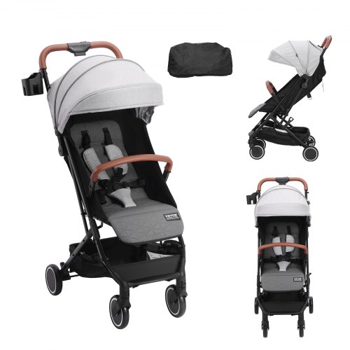 VEVOR Standard Baby Infant Stroller, Toddler Stroller with 95°-175° Adjustable Backrest & & 0/90°Adjustable Footrest & One-click Folding, Newborn Stroller with Cup Holder and Carry Bag, Light Grey