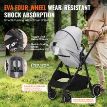 VEVOR szabványos babakocsi, kisbaba babakocsi táskával, 3. fokozatban állítható háttámla és lehajtható és megfordítható ülés, szénacél újszülött babakocsi lábvédővel és hálóhálóval, világosszürke