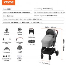 Štandardný detský kočík VEVOR, kočík pre batoľatá s kočíkom, 3. prevodový stupeň, nastaviteľné operadlo a sklopné a obojstranné sedadlo, kočík pre novorodencov z uhlíkovej ocele s krytom nôh a sieťovinou, tmavosivá