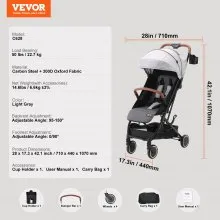 VEVOR Standard Baby Infant Stroller, Toddler Stroller with 95°-150° Adjustable Backrest & & 0/90°Adjustable Footrest & One-click Folding, Newborn Stroller with Cup Holder and Carry Bag, Light Grey