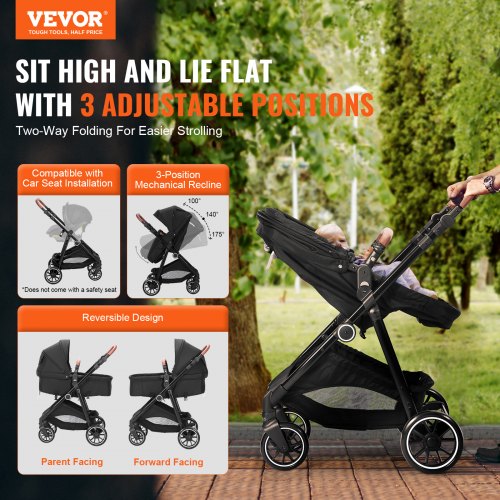 VEVOR Standard Baby Stroller, Infant Toddler Stroller with Bassinet,  3rd-Gear Adjustable Backrest & Foldable & Reversible Seat, Carbon Steel Newborn  Stroller with Leg Cover and Mesh Net, Black | VEVOR US