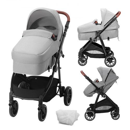 VEVOR Standard Baby Stroller, Infant Toddler Stroller with Bassinet, 3rd-Gear Adjustable Backrest & Foldable & Reversible Seat, Carbon Steel Newborn Stroller with Leg Cover and Mesh Net, Light Grey