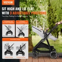 VEVOR Standard Baby Stroller, Infant Toddler Stroller with Bassinet, 3rd-Gear Adjustable Backrest & Foldable & Reversible Seat, Carbon Steel Newborn Stroller with Leg Cover and Mesh Net, Light Grey